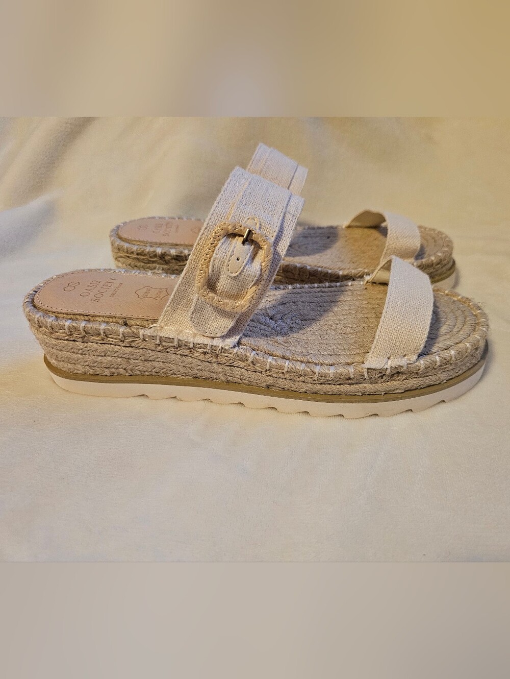 Oasis Society Vegan Leather Beige Canvas Espadrille Slide Sandals
